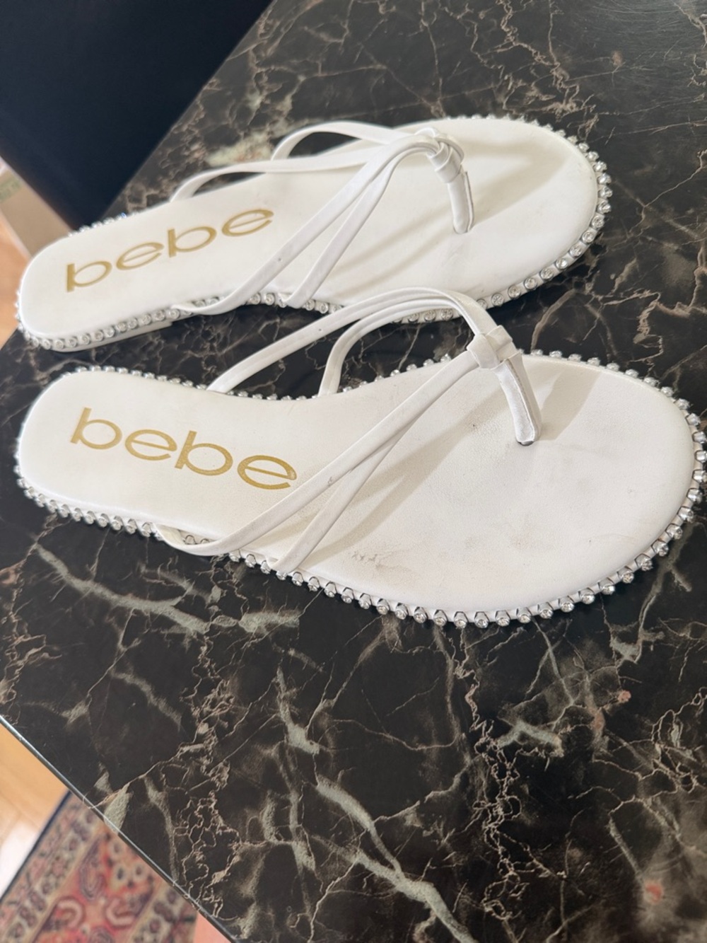 bebe White Rhinestone-Trim Thong Sandals